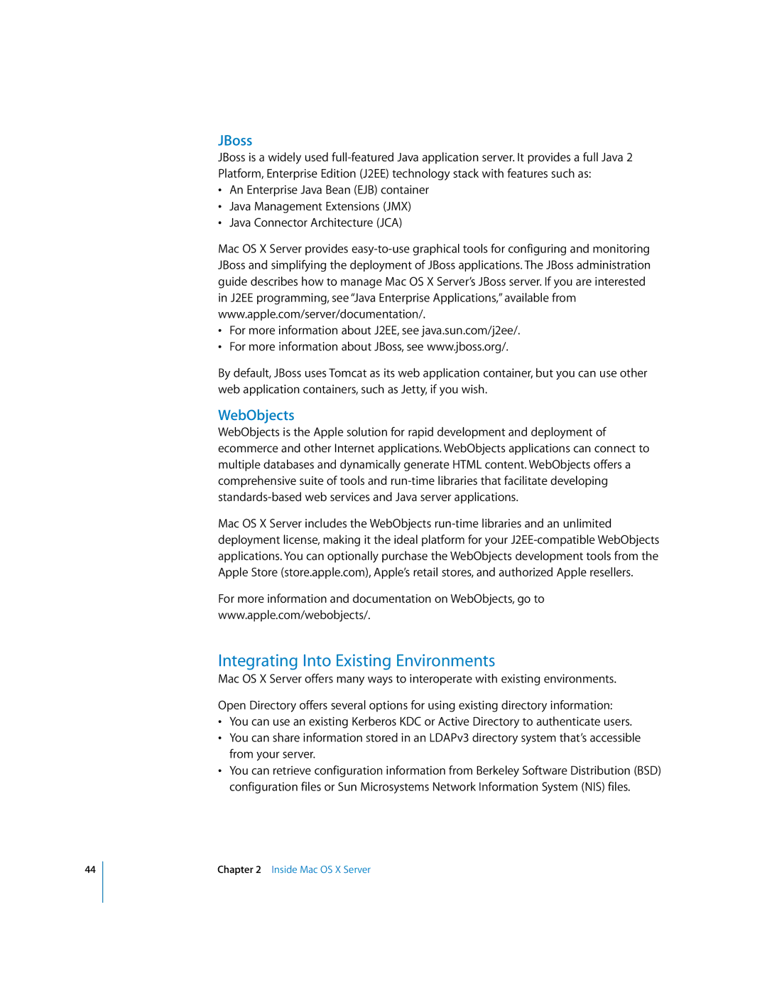 Apple 10.3 manual Integrating Into Existing Environments, JBoss, WebObjects 