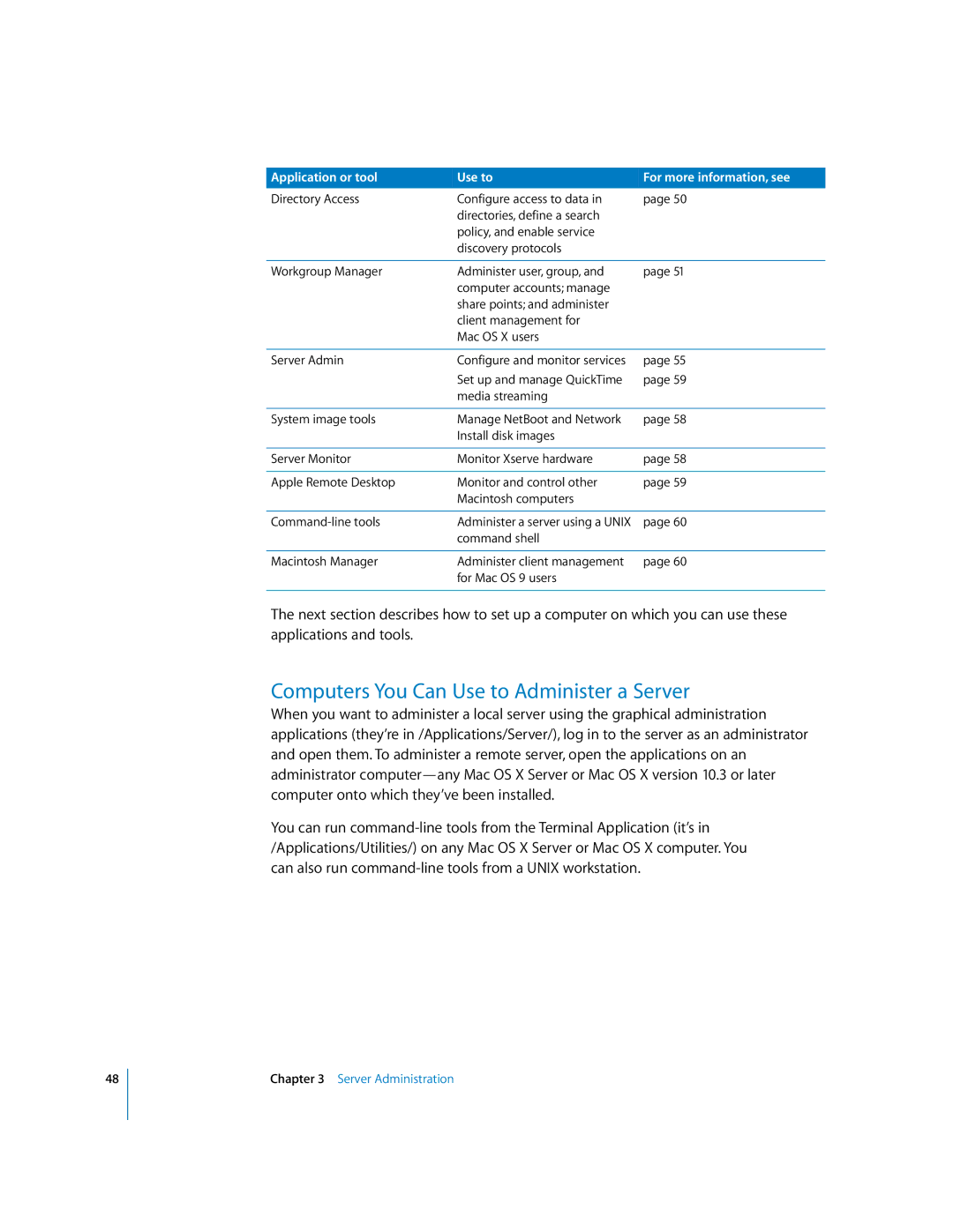 Apple 10.3 manual Computers You Can Use to Administer a Server 