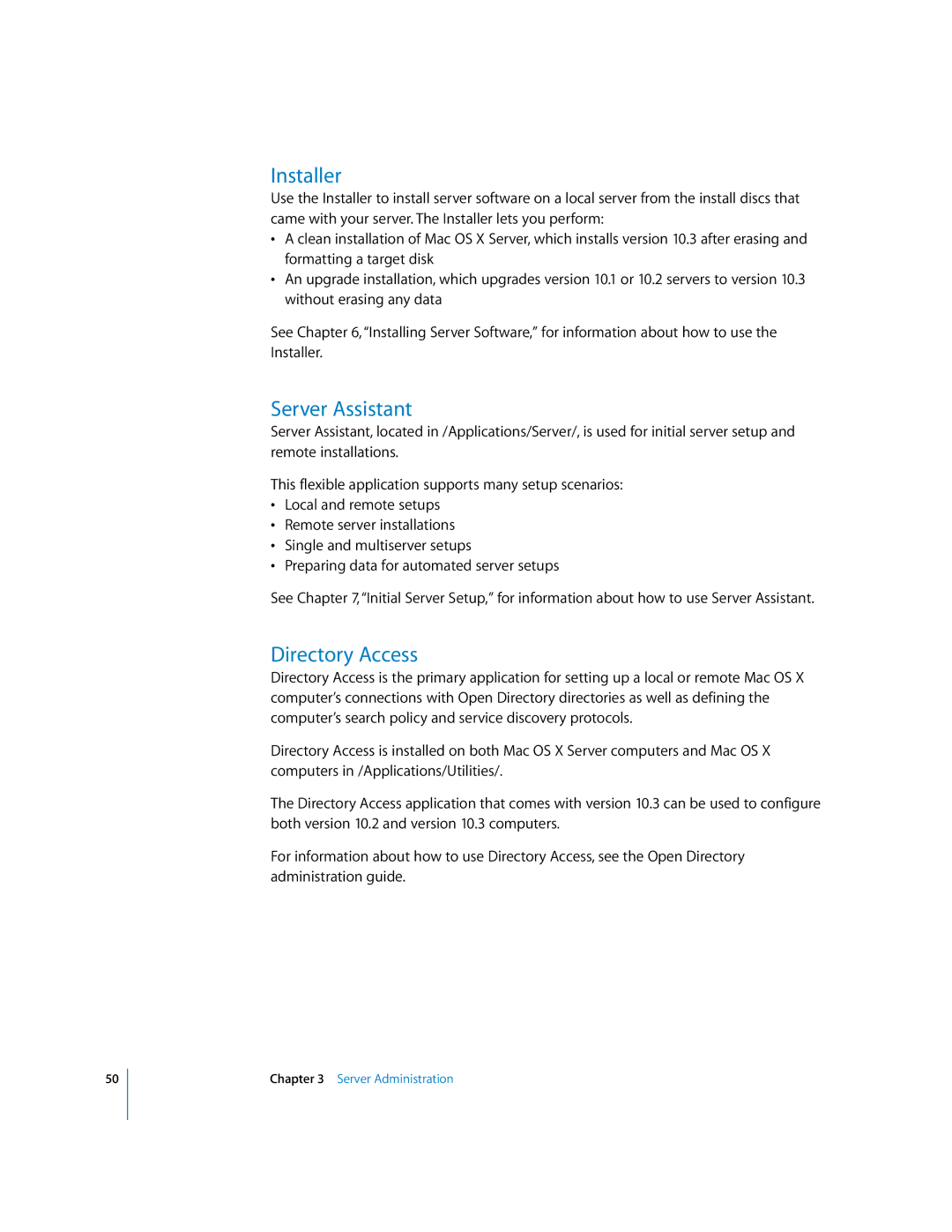 Apple 10.3 manual Installer, Server Assistant, Directory Access 