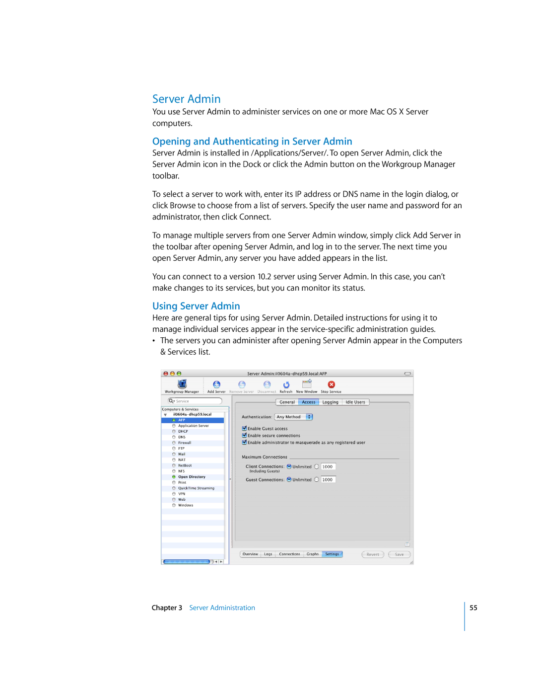 Apple 10.3 manual Opening and Authenticating in Server Admin, Using Server Admin 