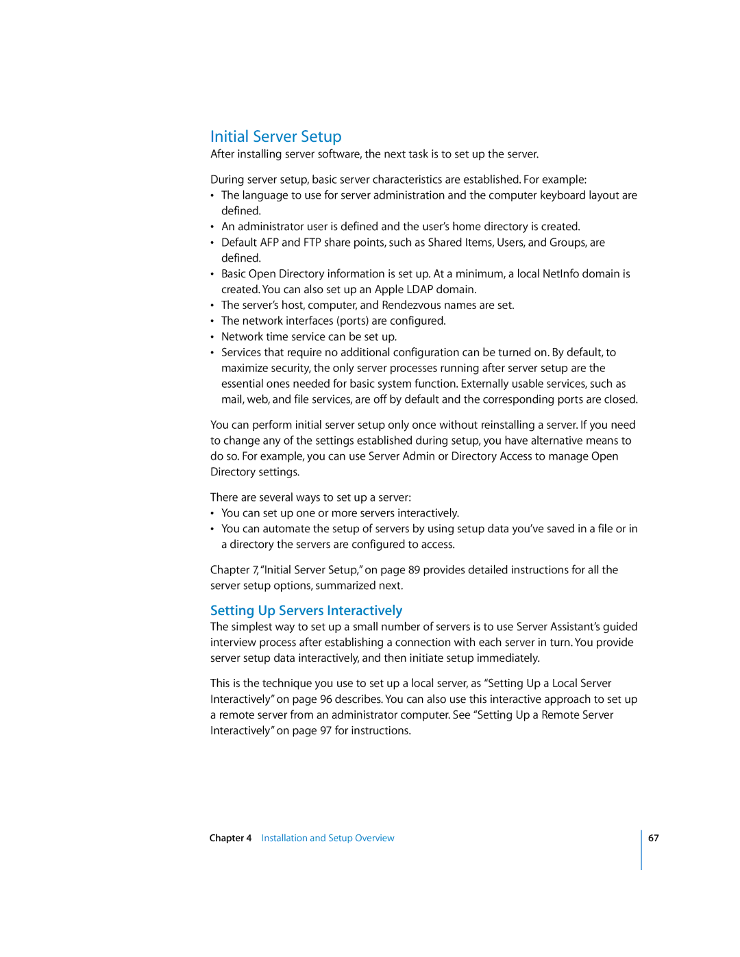 Apple 10.3 manual Initial Server Setup, Setting Up Servers Interactively 