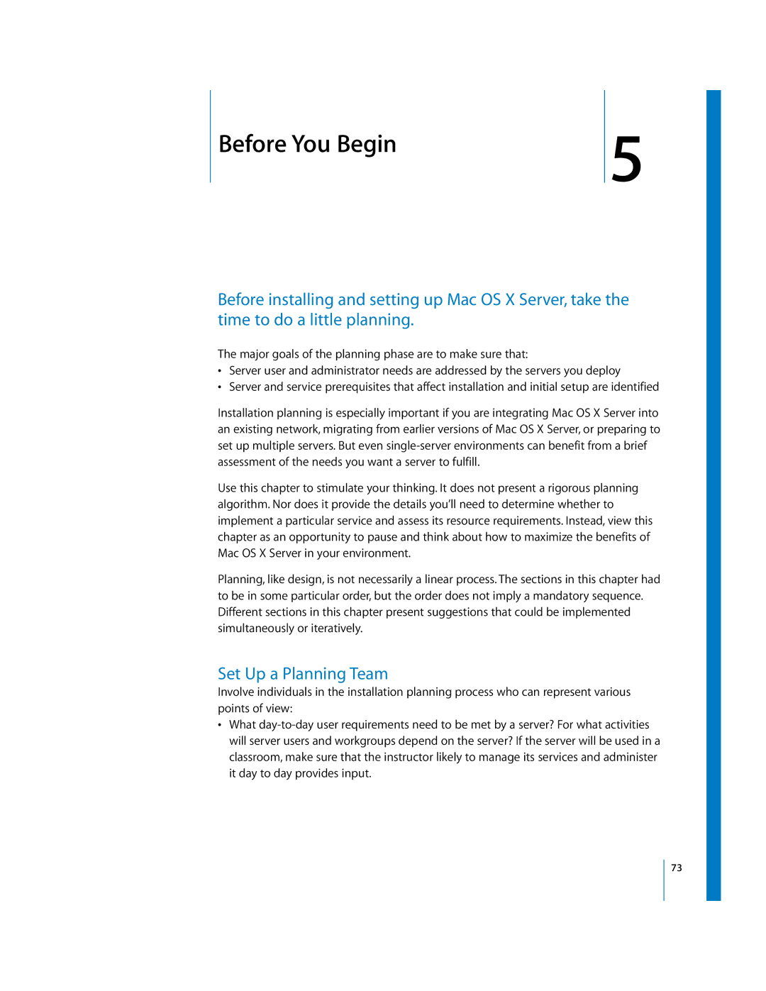 Apple 10.3 manual 5Before You Begin, Set Up a Planning Team 