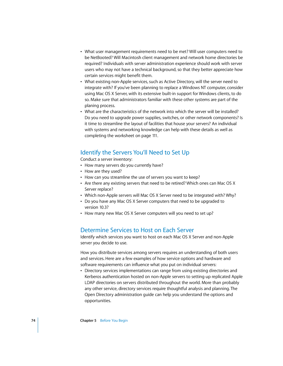 Apple 10.3 manual Identify the Servers You’ll Need to Set Up, Determine Services to Host on Each Server 