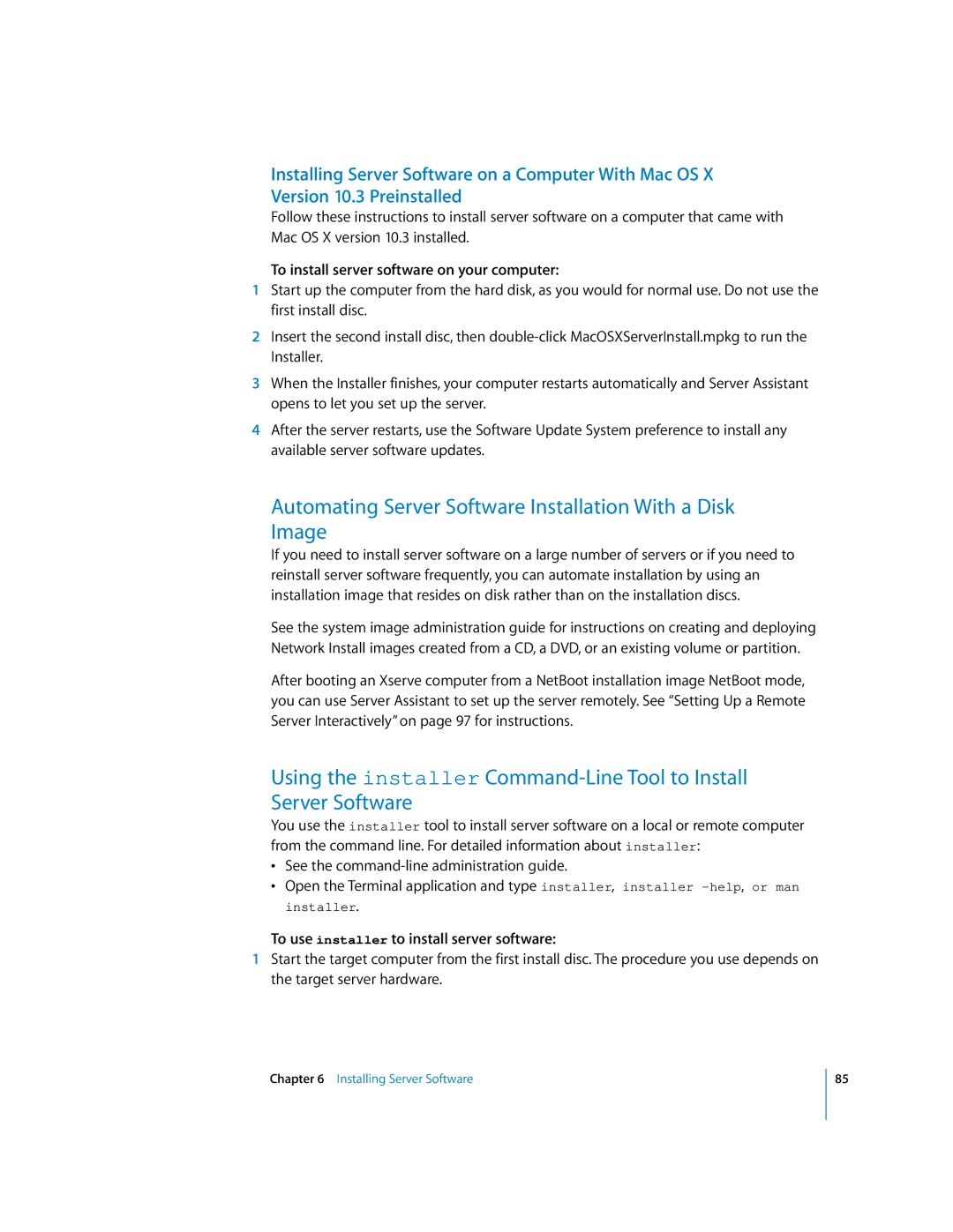 Apple 10.3 manual Automating Server Software Installation With a Disk Image, To install server software on your computer 