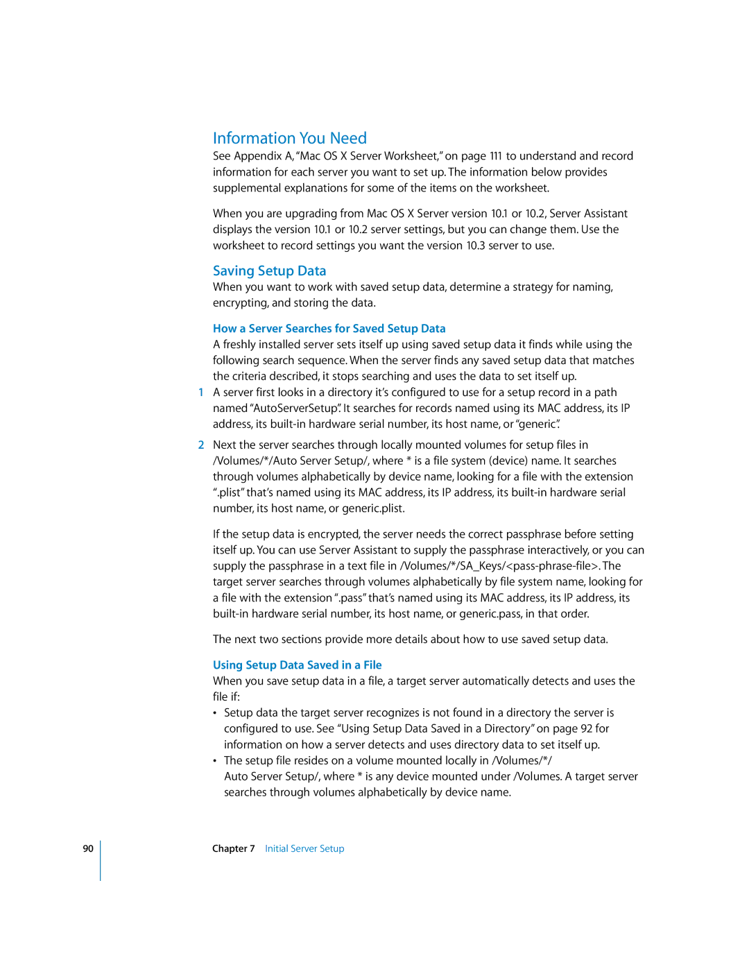 Apple 10.3 manual Saving Setup Data, How a Server Searches for Saved Setup Data, Using Setup Data Saved in a File 