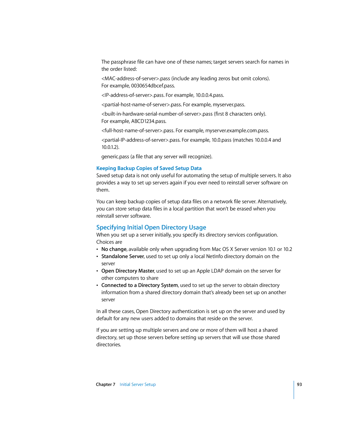Apple 10.3 manual Specifying Initial Open Directory Usage, Keeping Backup Copies of Saved Setup Data 