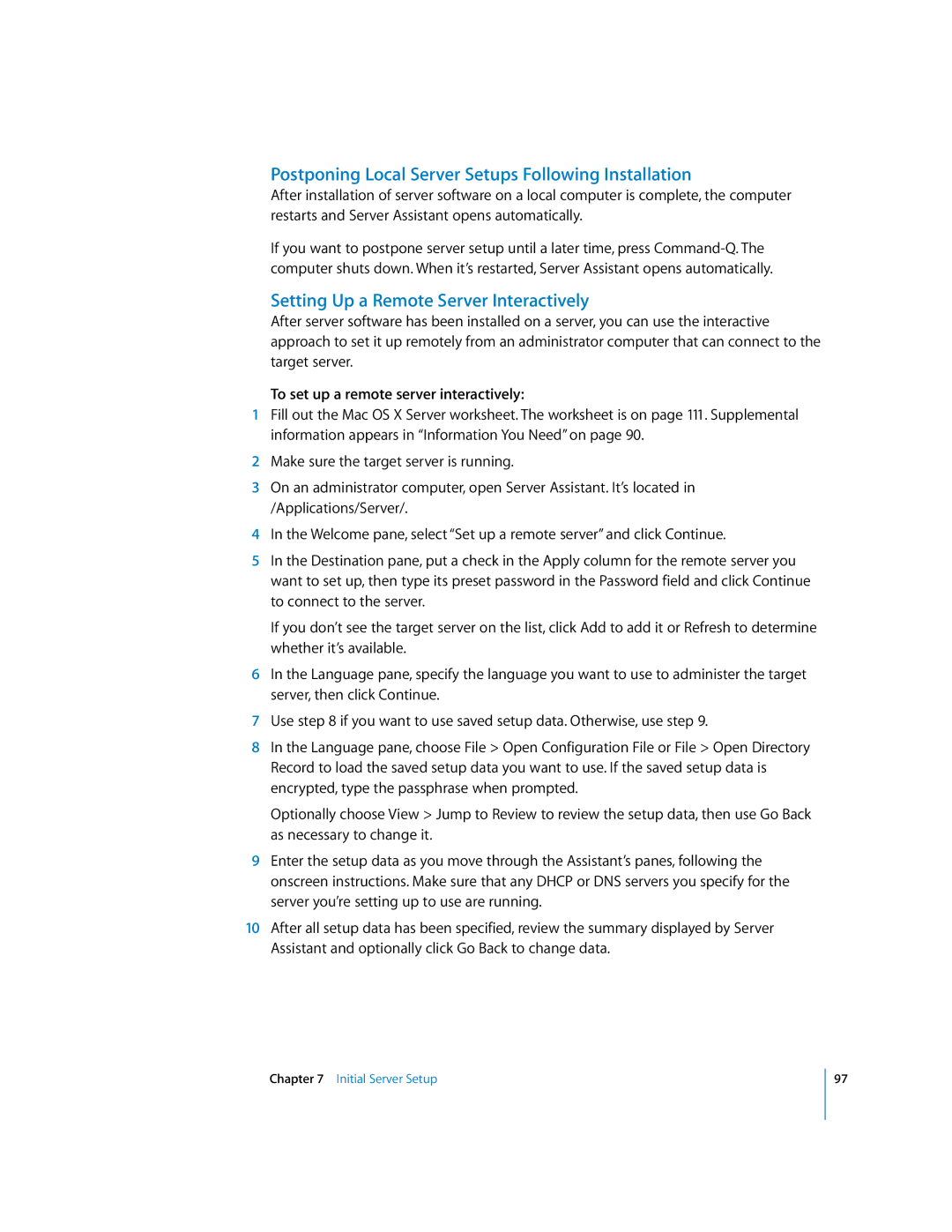 Apple 10.3 manual Postponing Local Server Setups Following Installation, Setting Up a Remote Server Interactively 
