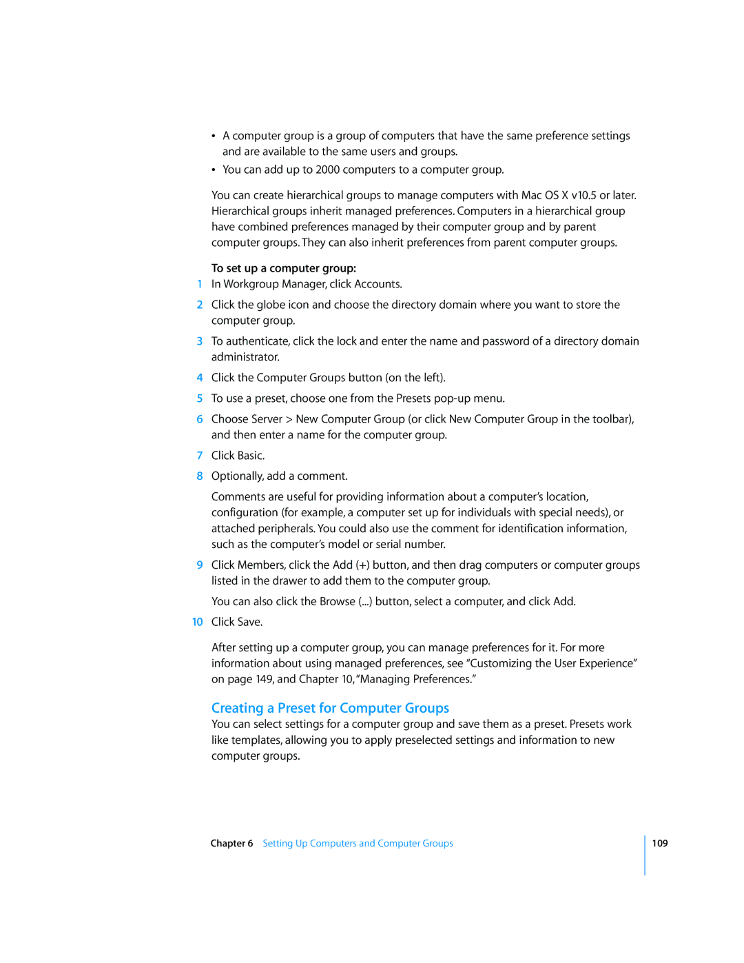 Apple 10.5 Leapard manual Creating a Preset for Computer Groups, To set up a computer group 