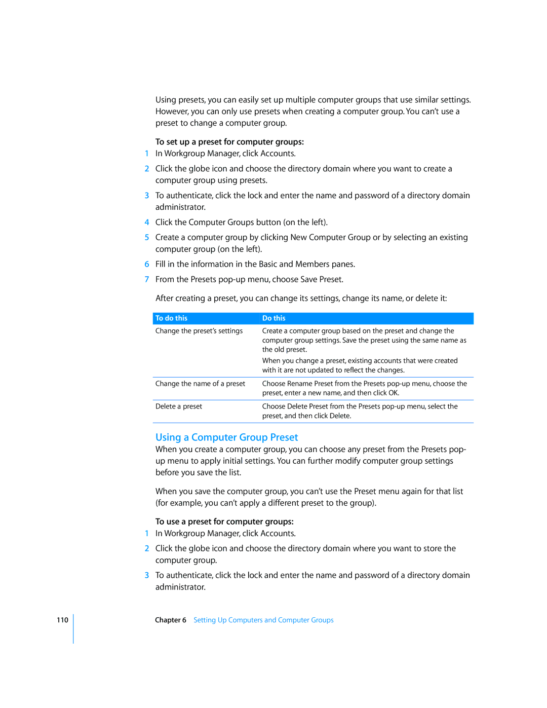 Apple 10.5 Leapard manual Using a Computer Group Preset, To set up a preset for computer groups 