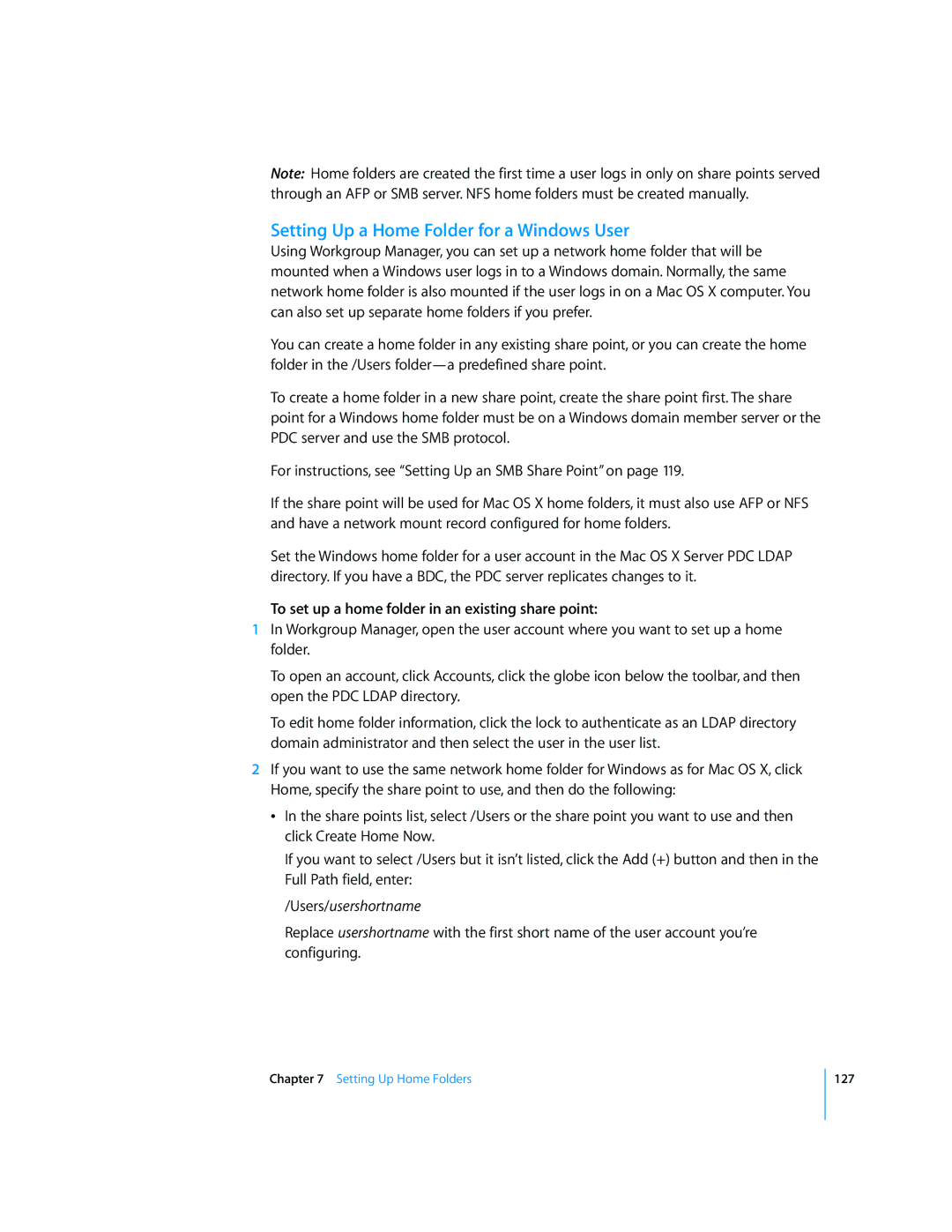 Apple 10.5 Leapard manual Setting Up a Home Folder for a Windows User, To set up a home folder in an existing share point 