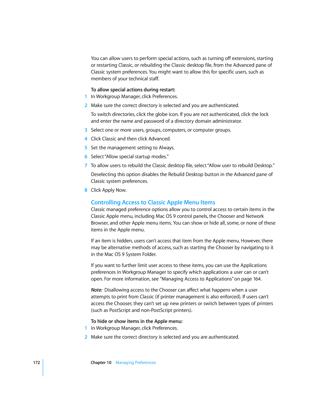 Apple 10.5 Leapard manual Controlling Access to Classic Apple Menu Items, To allow special actions during restart 
