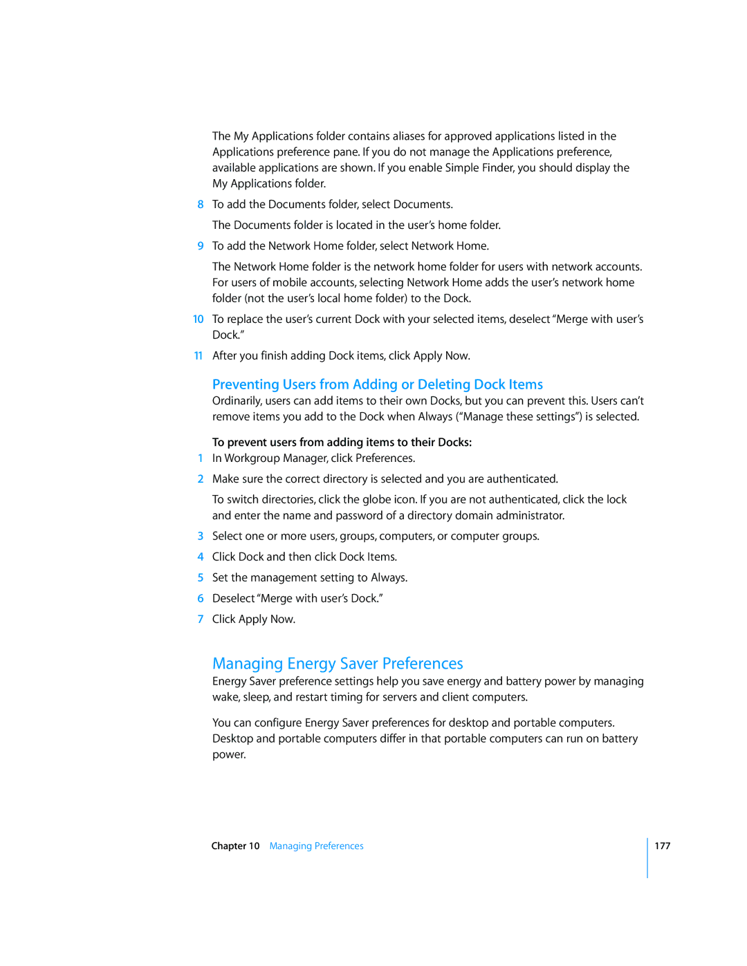 Apple 10.5 Leapard manual Managing Energy Saver Preferences, Preventing Users from Adding or Deleting Dock Items 