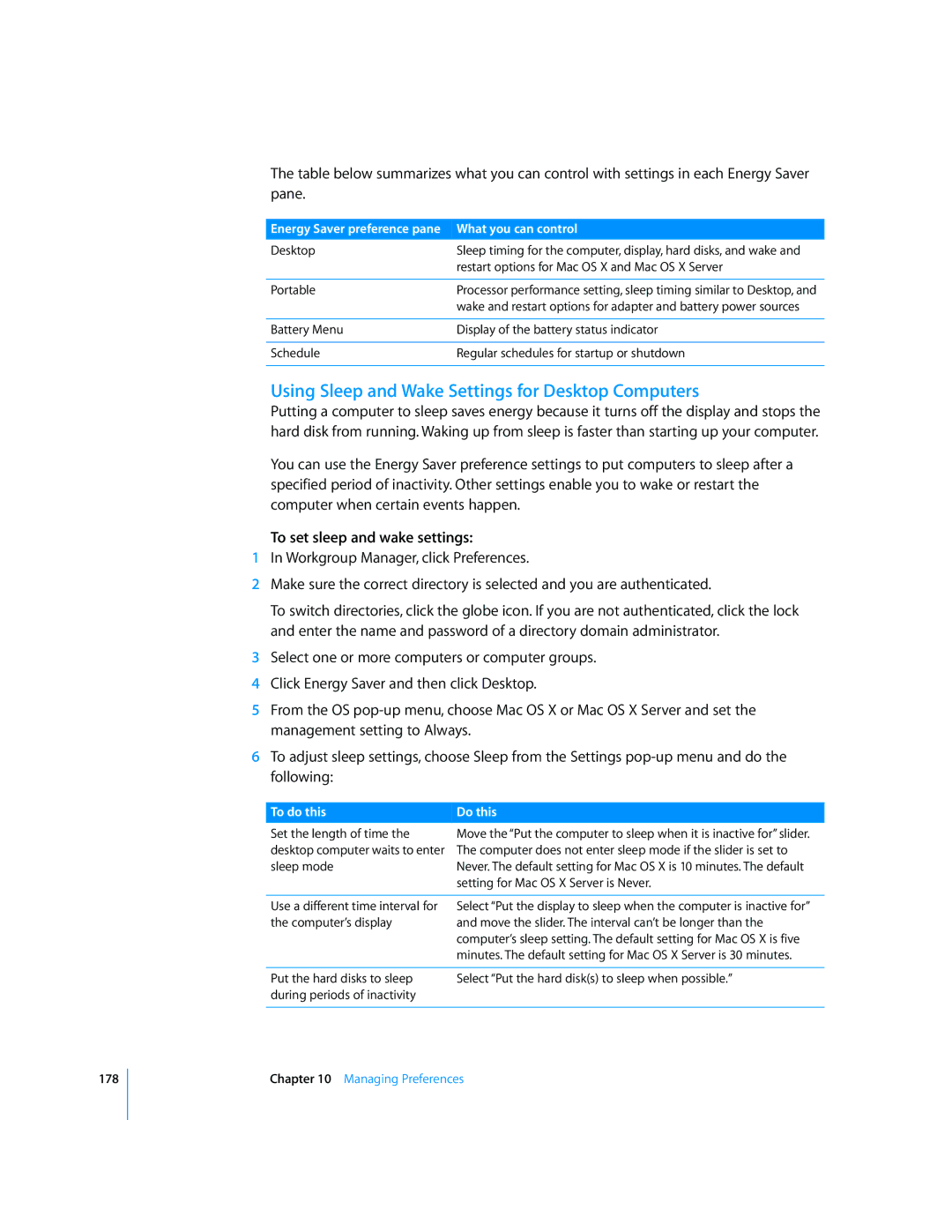 Apple 10.5 Leapard manual Using Sleep and Wake Settings for Desktop Computers, To set sleep and wake settings 