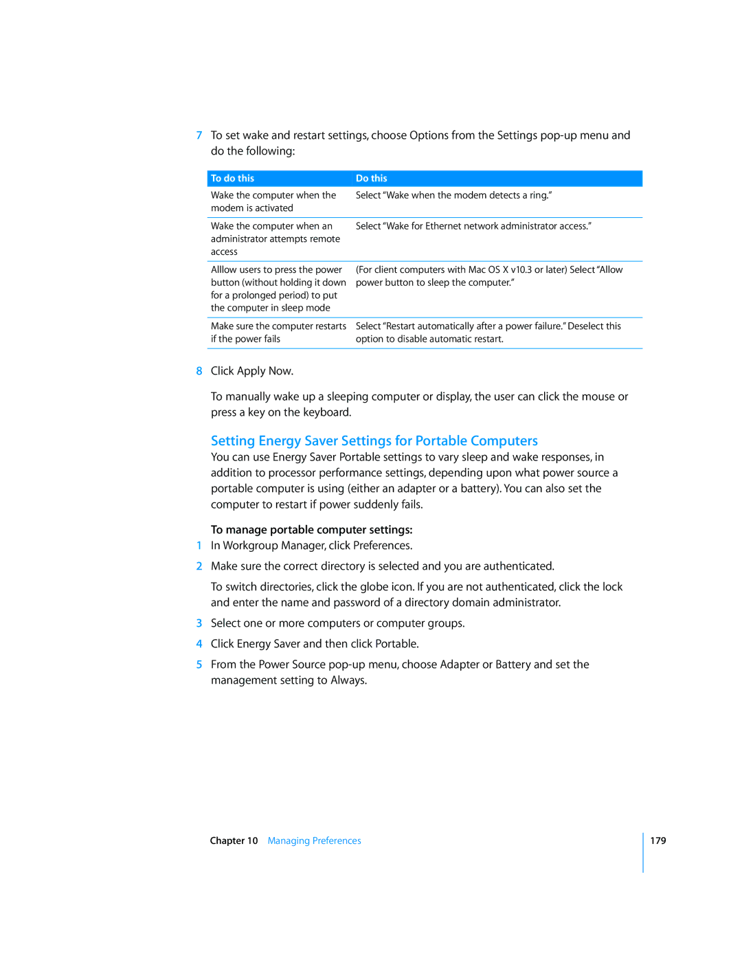 Apple 10.5 Leapard manual Setting Energy Saver Settings for Portable Computers, To manage portable computer settings 