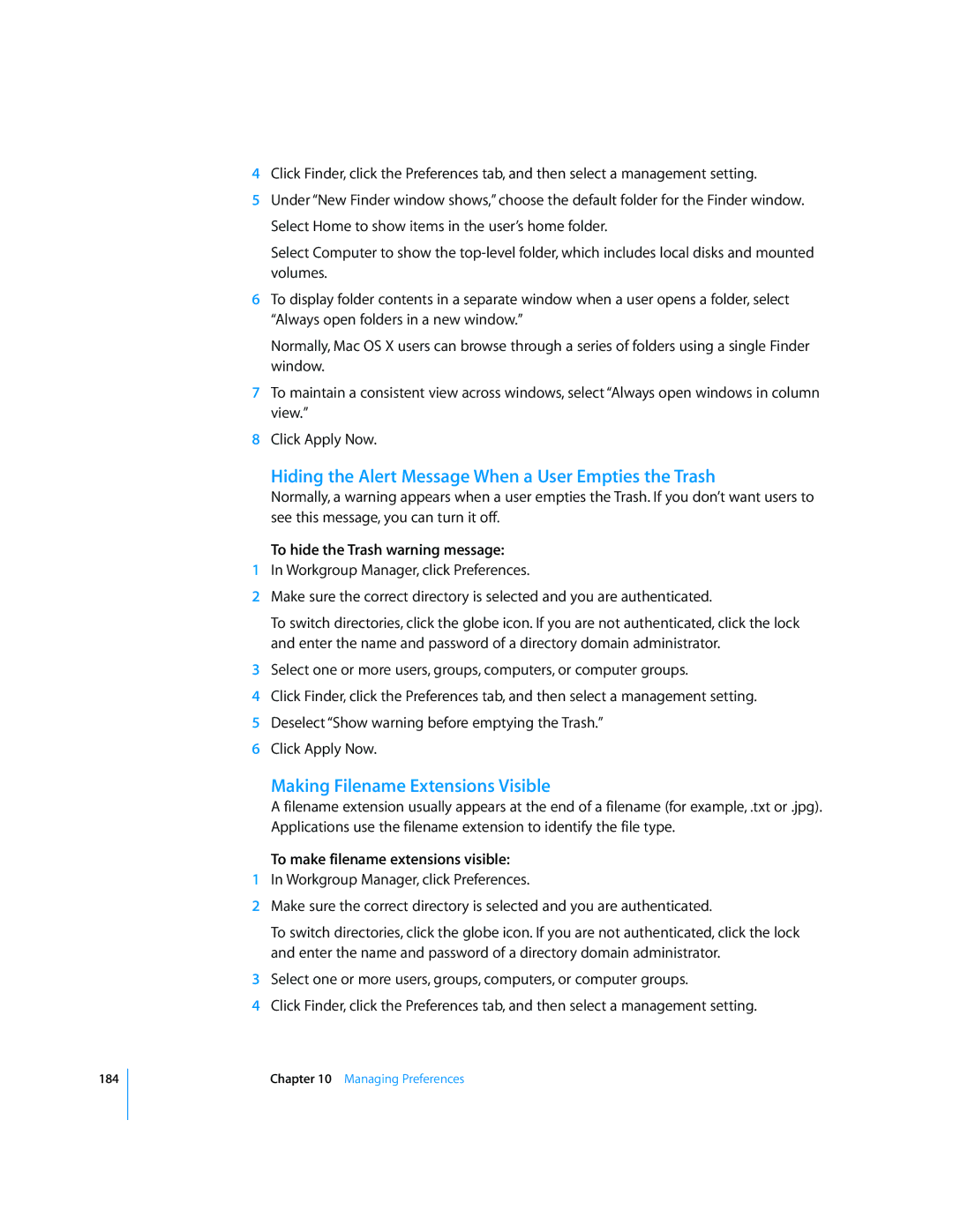 Apple 10.5 Leapard manual Hiding the Alert Message When a User Empties the Trash, Making Filename Extensions Visible 