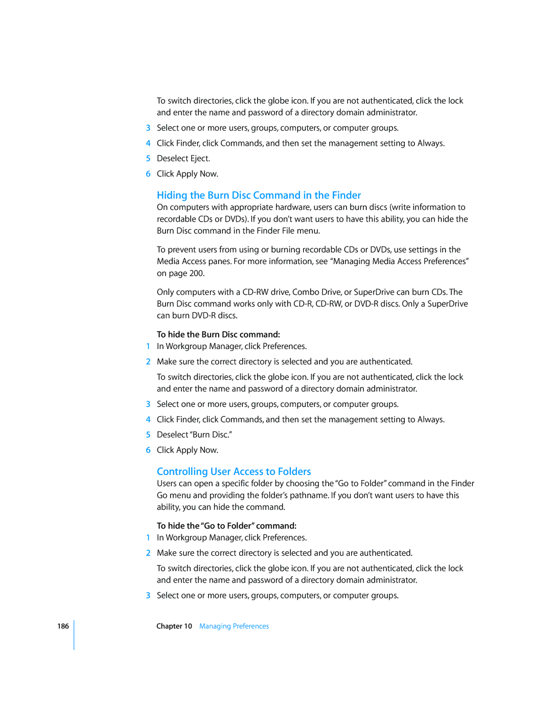 Apple 10.5 Leapard manual Hiding the Burn Disc Command in the Finder, Controlling User Access to Folders 