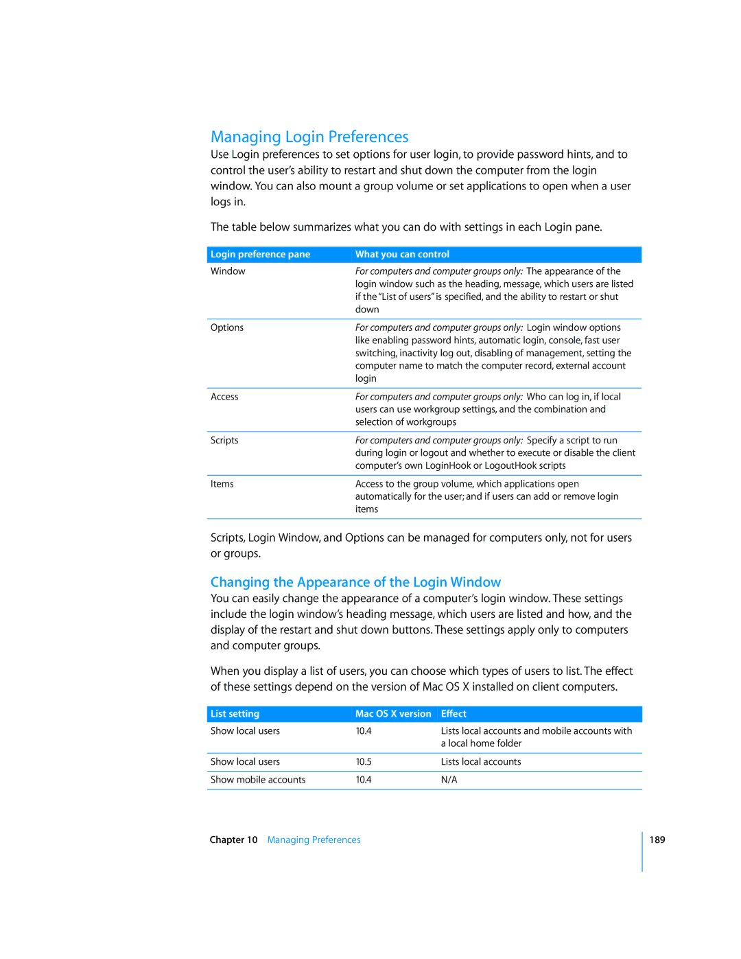 Apple 10.5 Leapard manual Managing Login Preferences, Changing the Appearance of the Login Window 