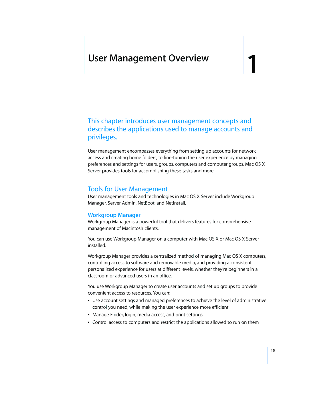 Apple 10.5 Leapard manual Tools for User Management, Workgroup Manager 