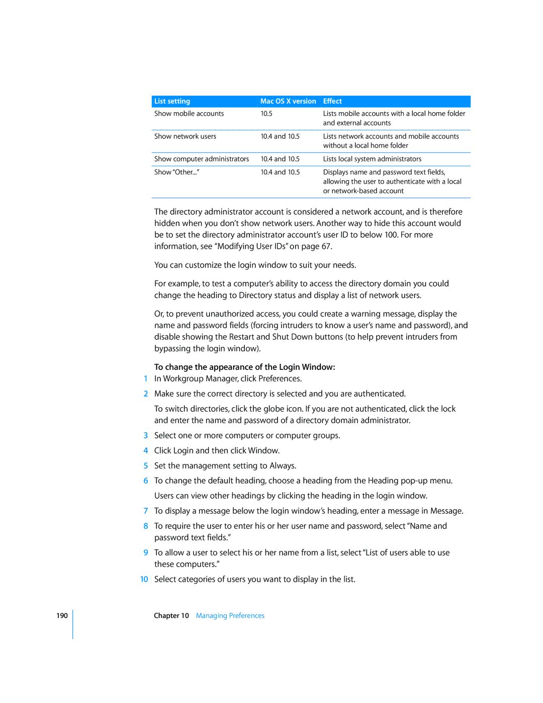 Apple 10.5 Leapard manual To change the appearance of the Login Window 