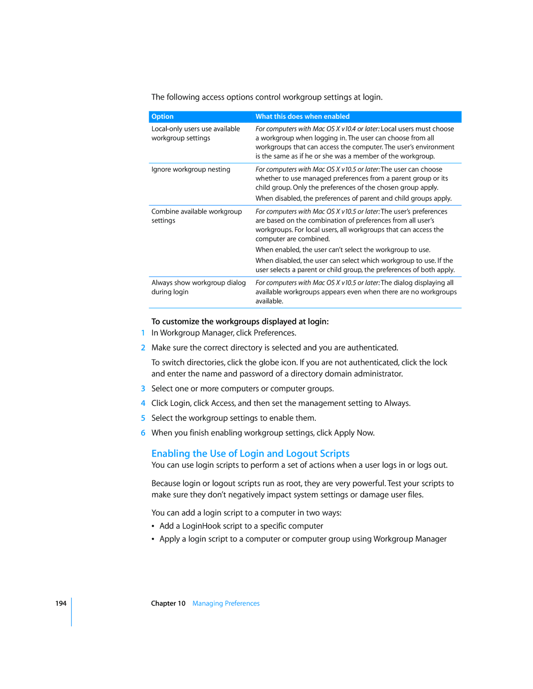 Apple 10.5 Leapard manual Enabling the Use of Login and Logout Scripts, To customize the workgroups displayed at login 