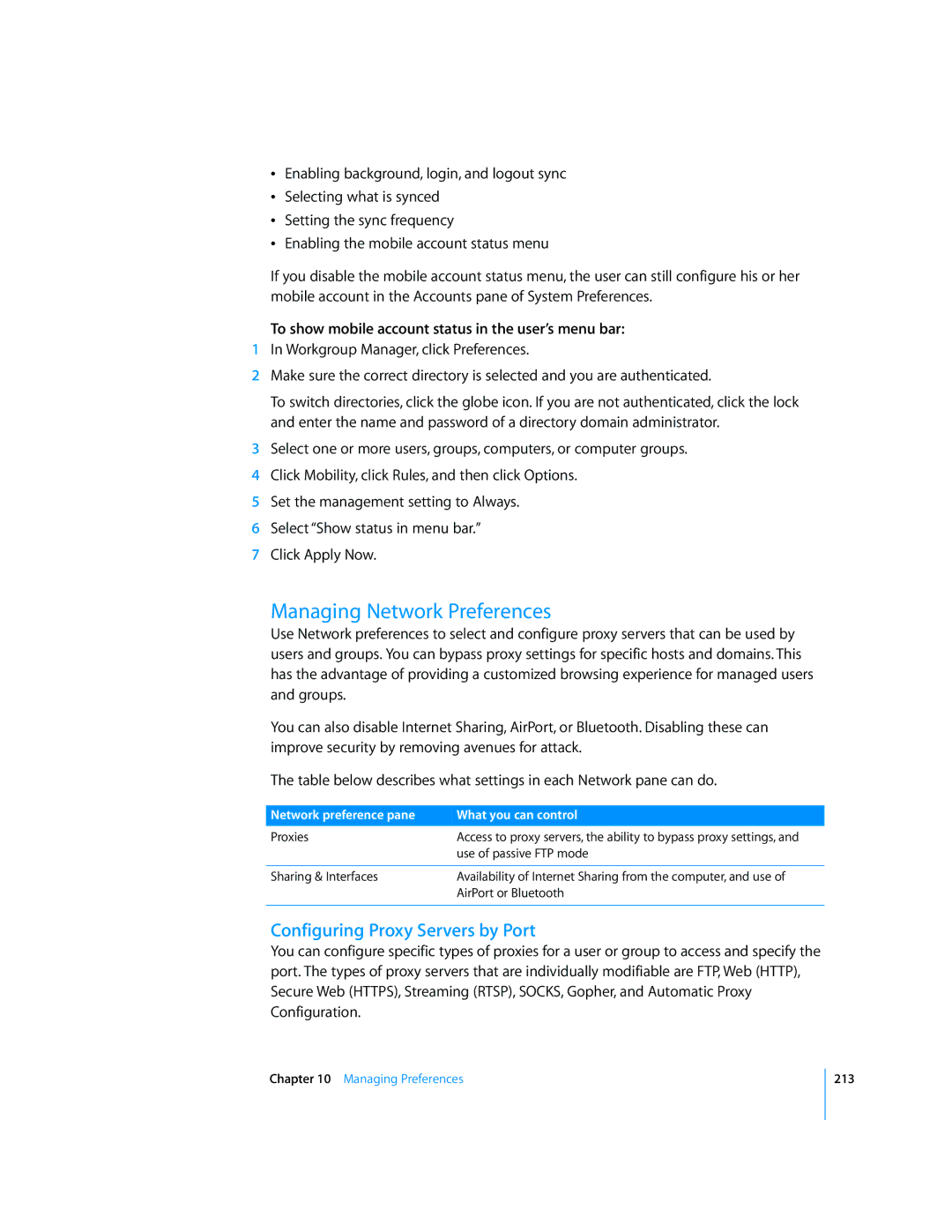 Apple 10.5 Leapard manual Managing Network Preferences, Configuring Proxy Servers by Port 