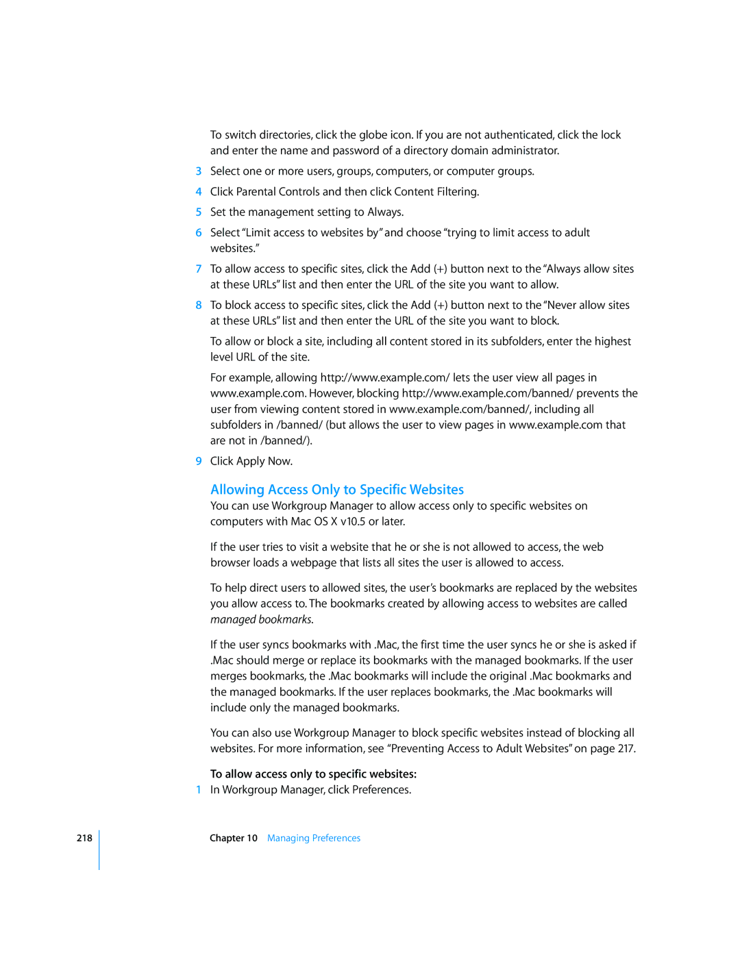 Apple 10.5 Leapard manual Allowing Access Only to Specific Websites, To allow access only to specific websites 