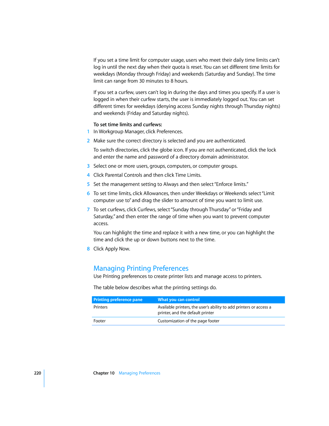 Apple 10.5 Leapard manual Managing Printing Preferences, To set time limits and curfews 