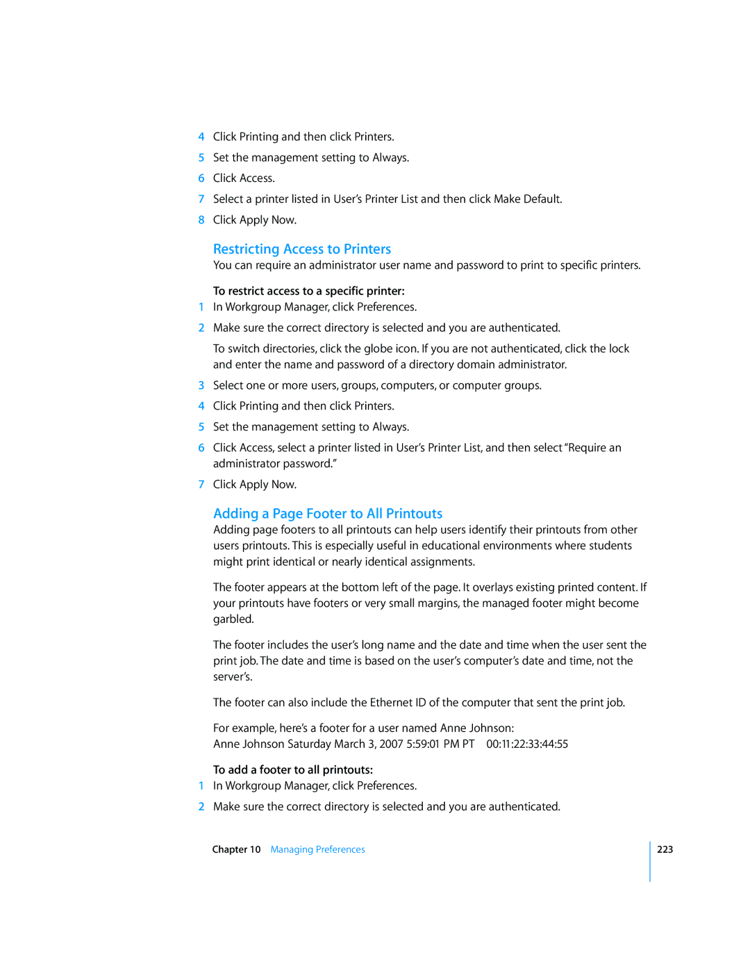 Apple 10.5 Leapard Restricting Access to Printers, Adding a Page Footer to All Printouts, To add a footer to all printouts 