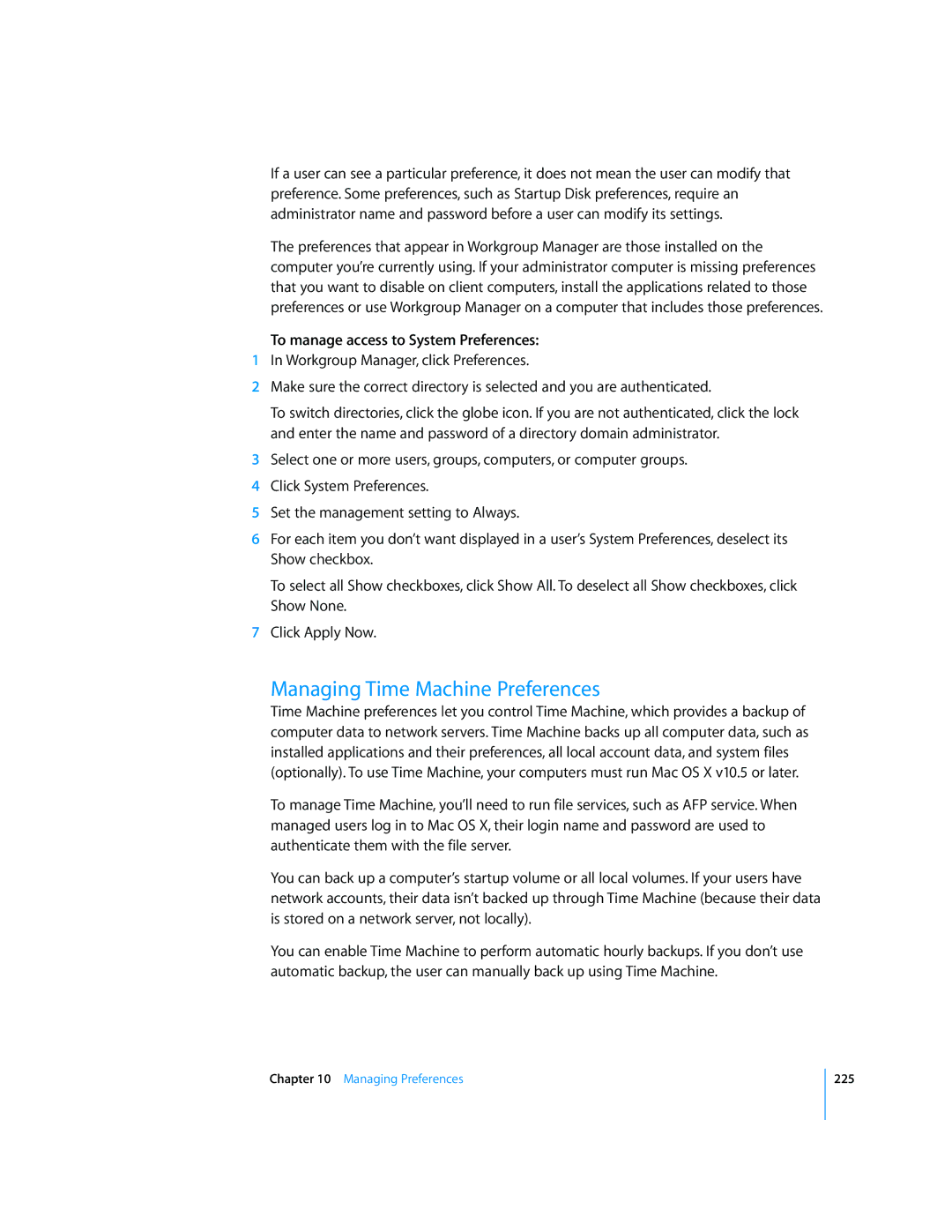 Apple 10.5 Leapard manual Managing Time Machine Preferences, To manage access to System Preferences 