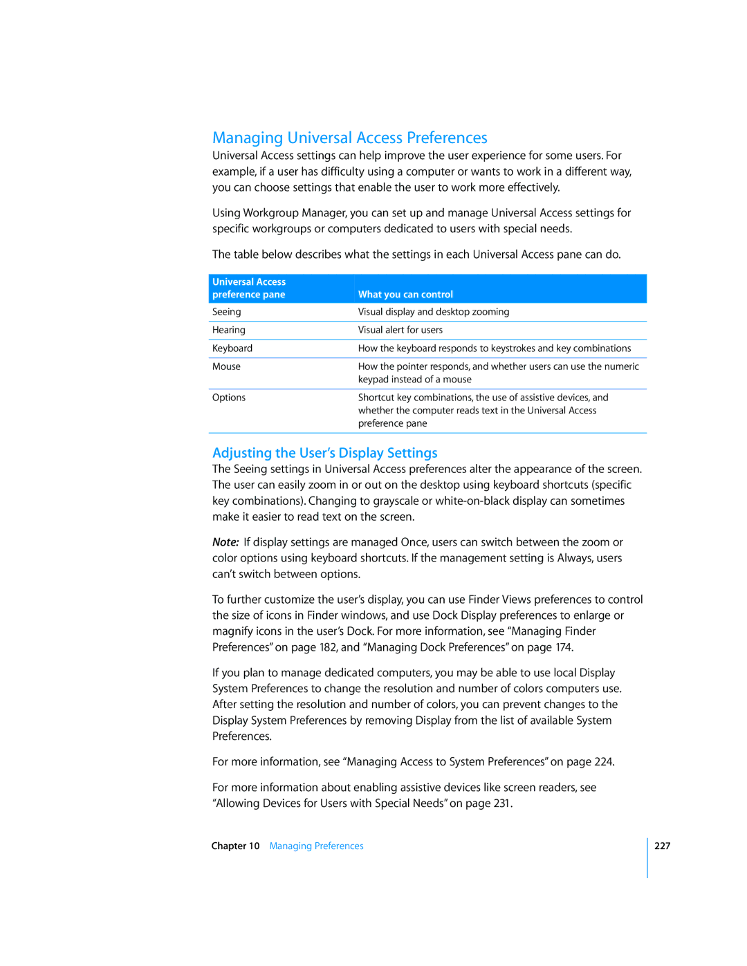 Apple 10.5 Leapard manual Managing Universal Access Preferences, Adjusting the User’s Display Settings 