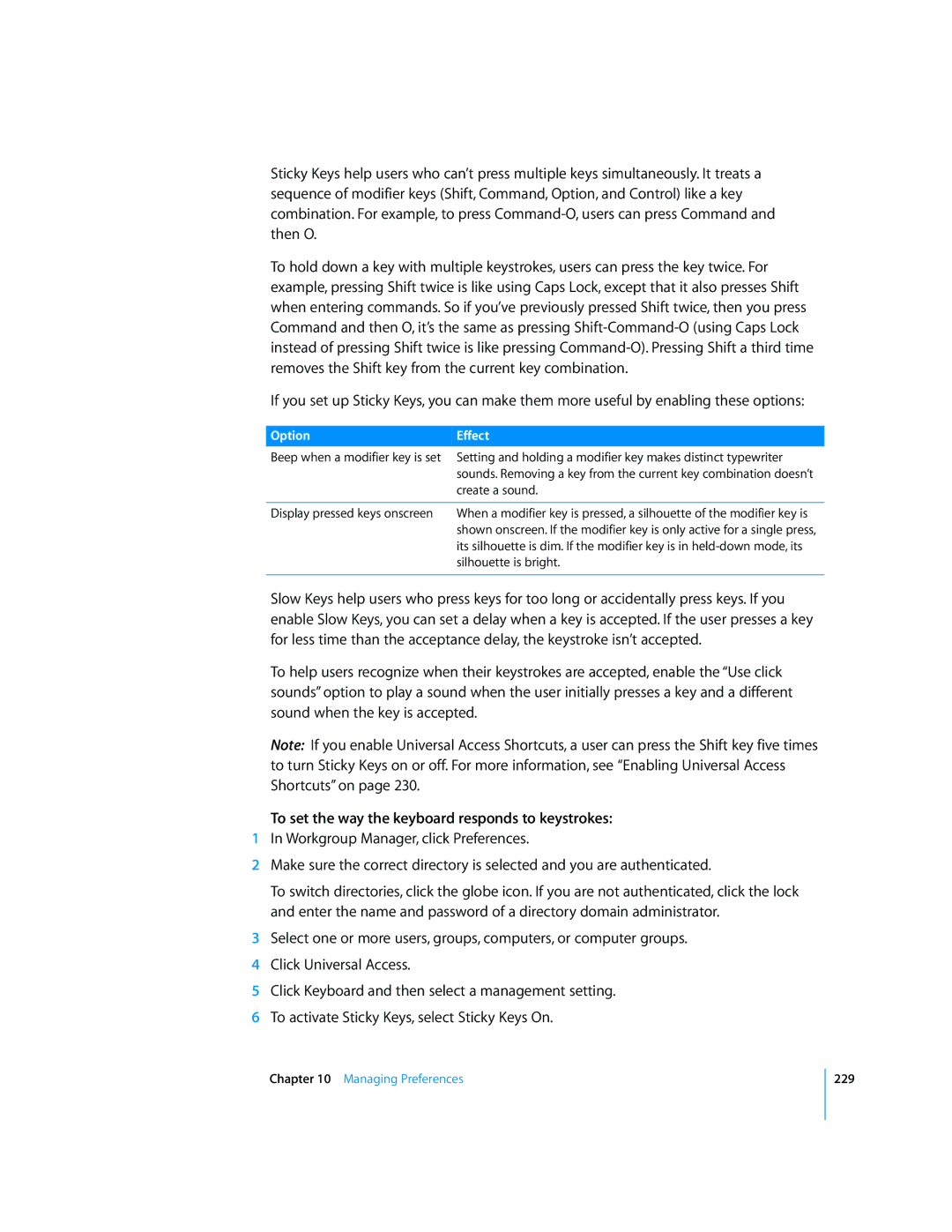 Apple 10.5 Leapard manual To set the way the keyboard responds to keystrokes, Option Effect 