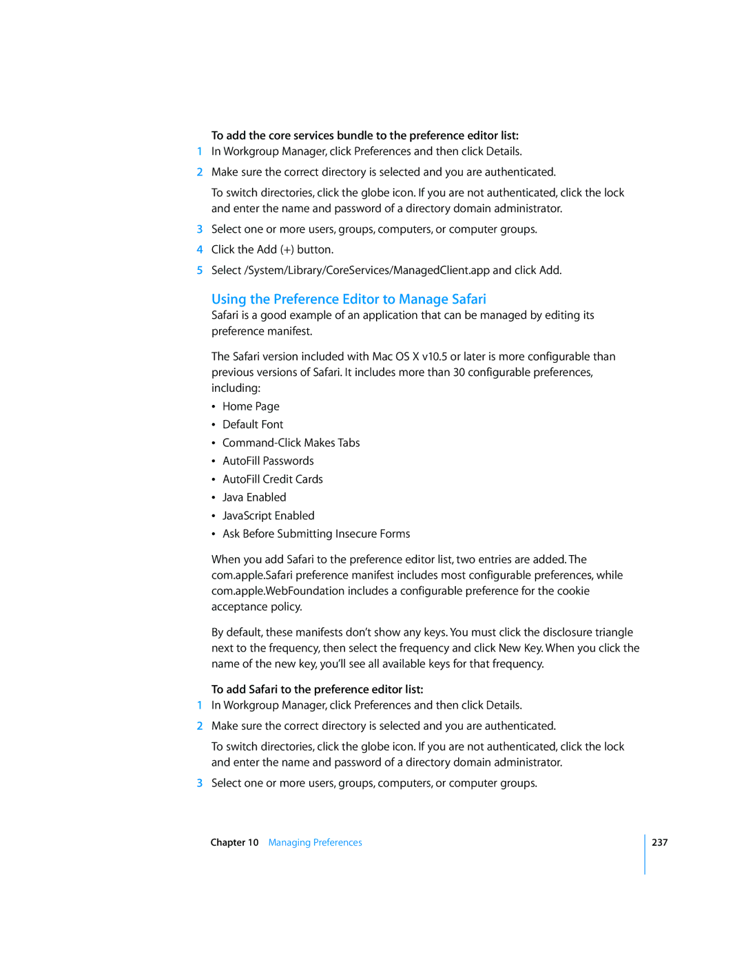 Apple 10.5 Leapard manual Using the Preference Editor to Manage Safari, To add Safari to the preference editor list 