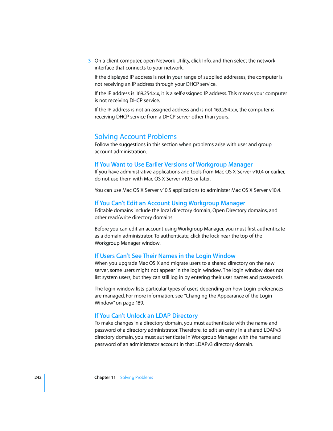 Apple 10.5 Leapard manual Solving Account Problems, If You Want to Use Earlier Versions of Workgroup Manager 