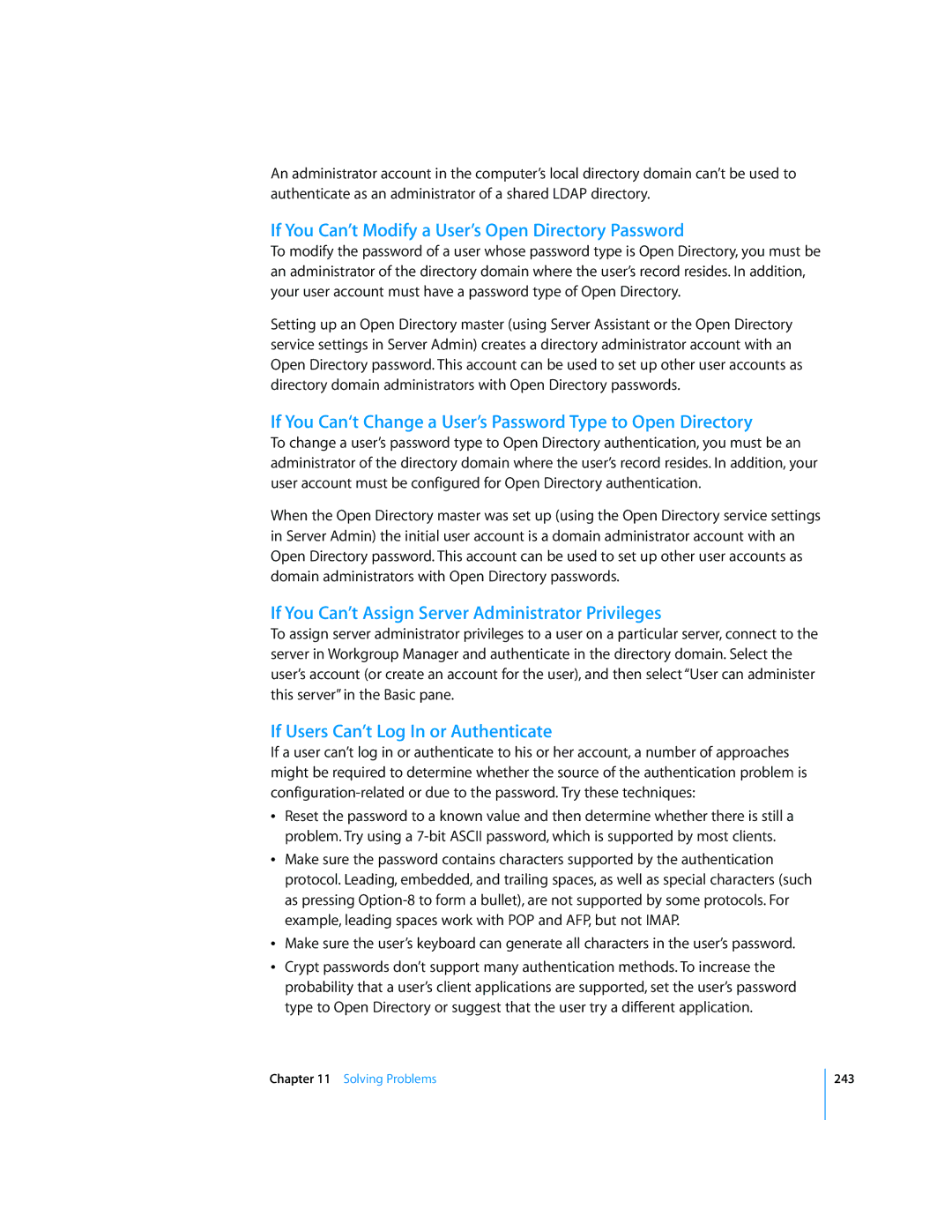 Apple 10.5 Leapard manual If You Can’t Modify a User’s Open Directory Password, If Users Can’t Log In or Authenticate 