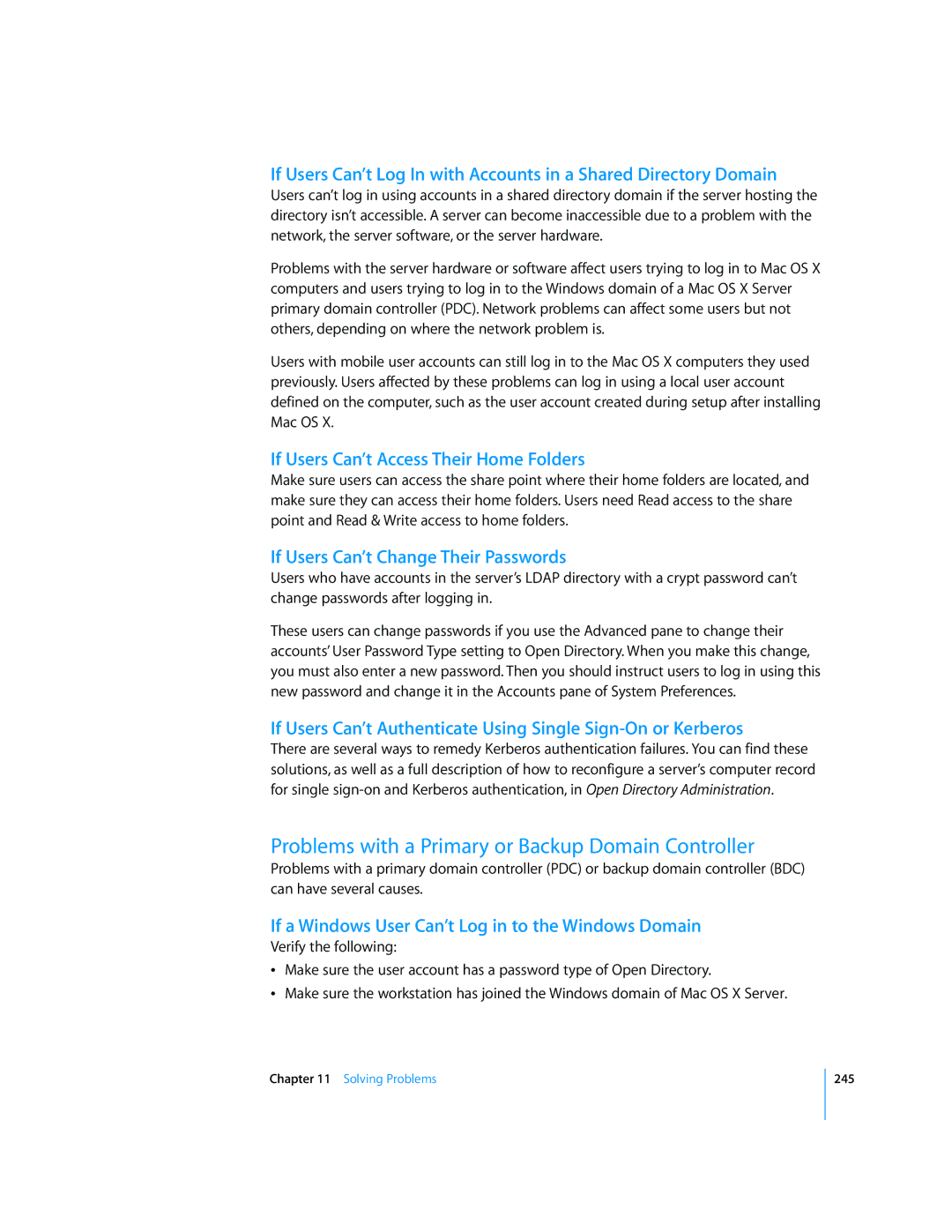 Apple 10.5 Leapard manual Problems with a Primary or Backup Domain Controller, If Users Can’t Access Their Home Folders 