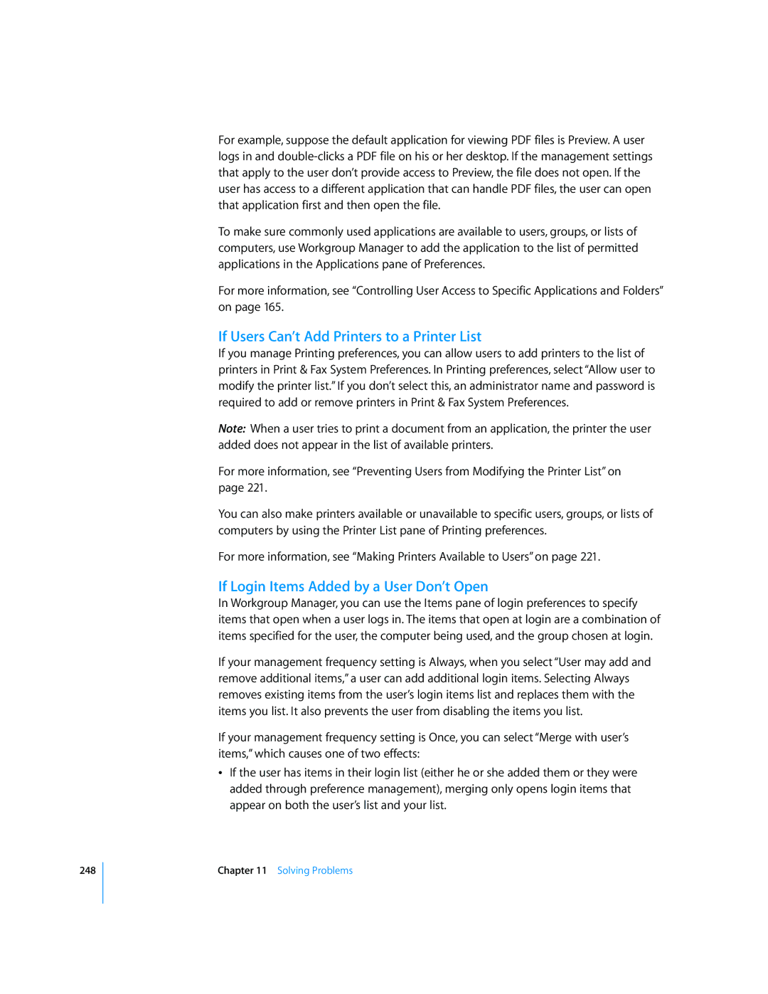 Apple 10.5 Leapard manual If Users Can’t Add Printers to a Printer List, If Login Items Added by a User Don’t Open 