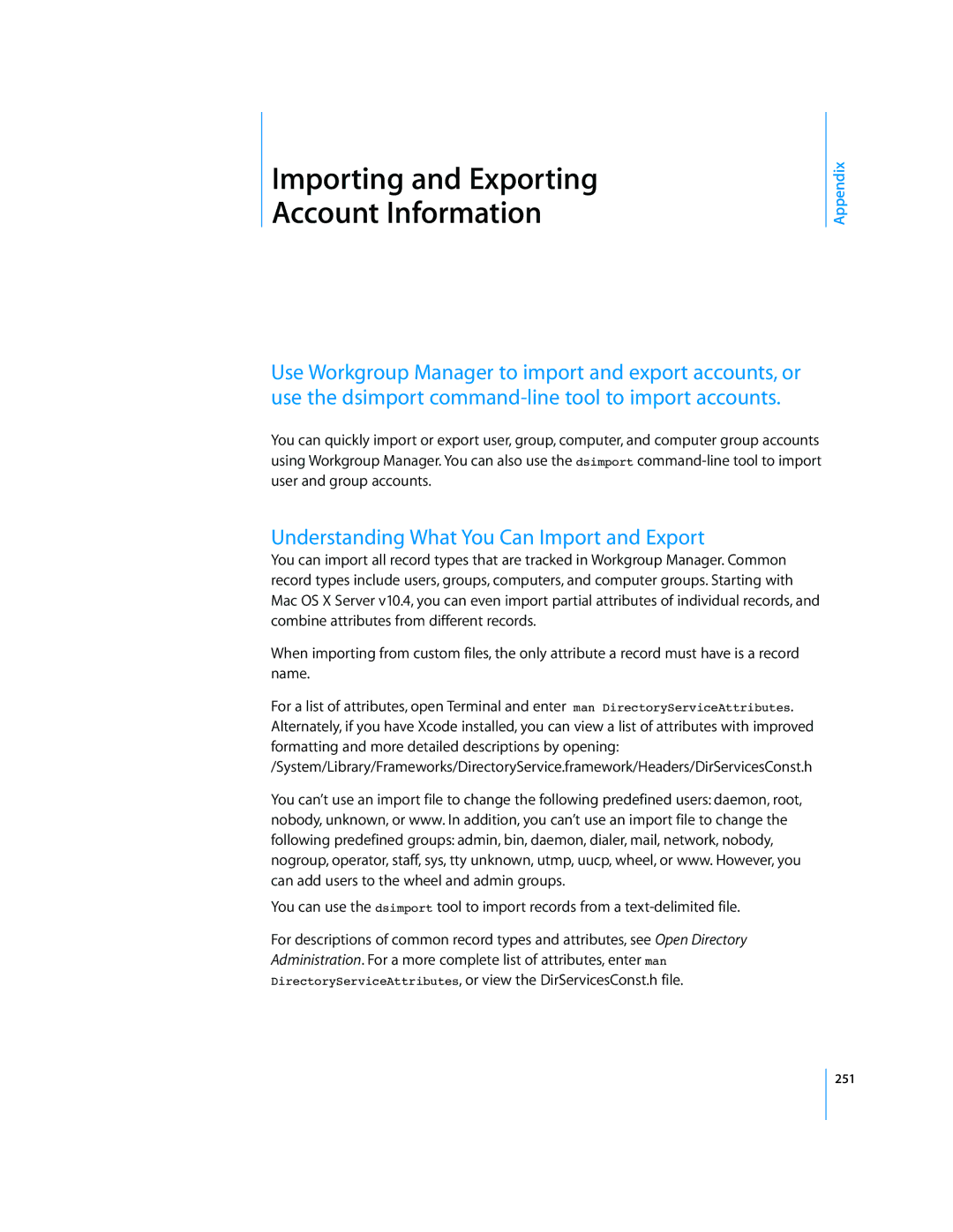 Apple 10.5 Leapard manual Importing and Exporting Account Information, Understanding What You Can Import and Export 