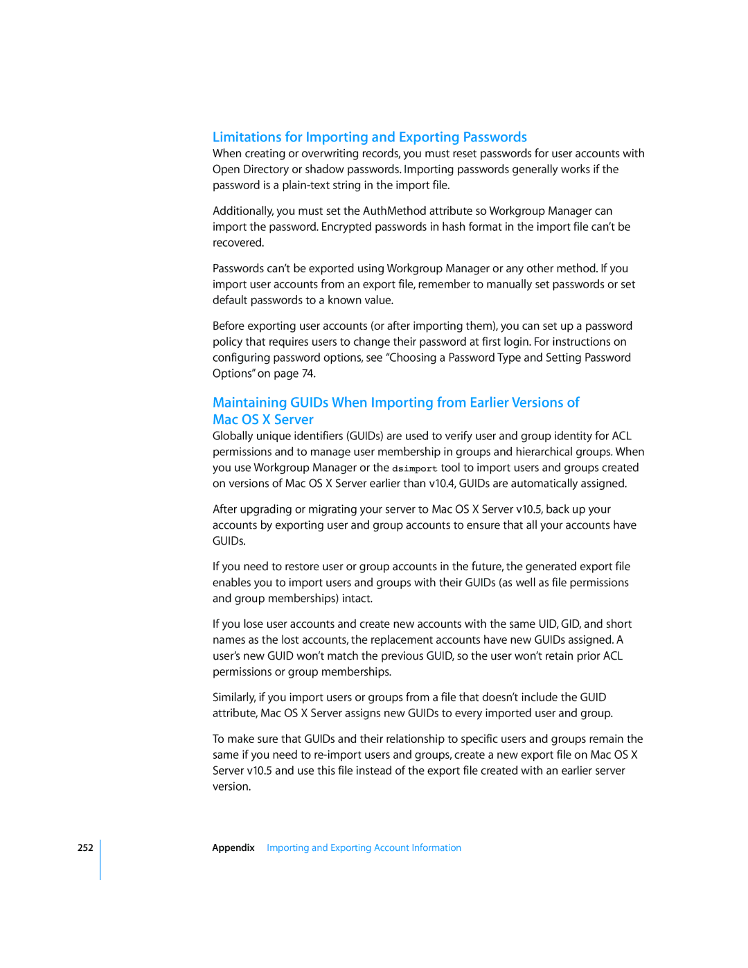 Apple 10.5 Leapard manual Limitations for Importing and Exporting Passwords 