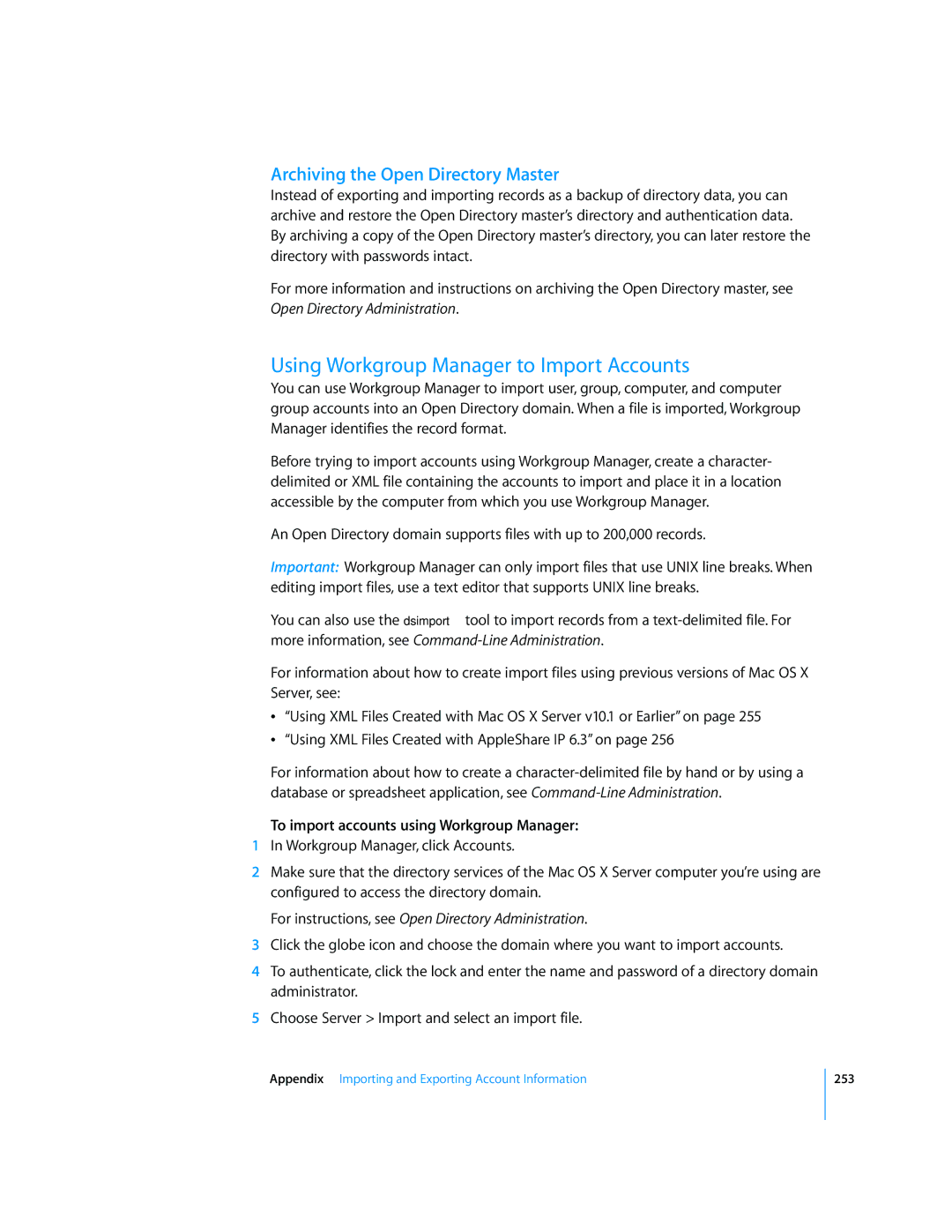 Apple 10.5 Leapard manual Using Workgroup Manager to Import Accounts, Archiving the Open Directory Master 