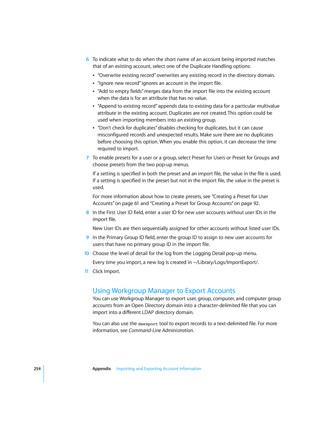 Apple 10.5 Leapard manual Using Workgroup Manager to Export Accounts 