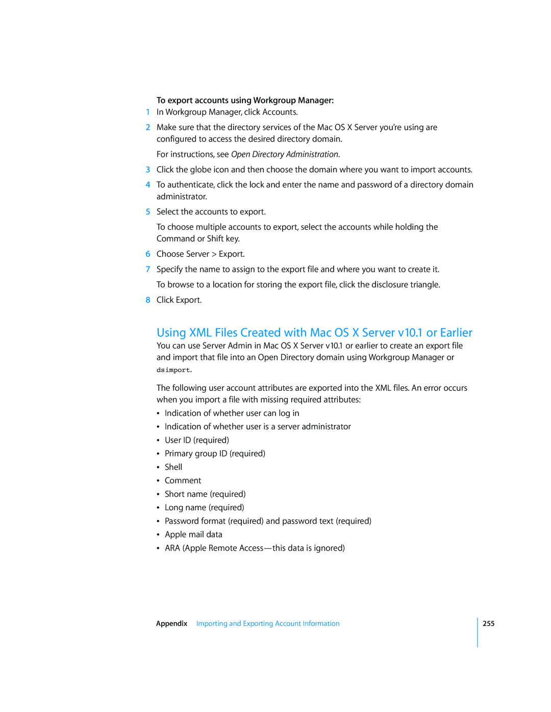 Apple 10.5 Leapard manual To export accounts using Workgroup Manager 