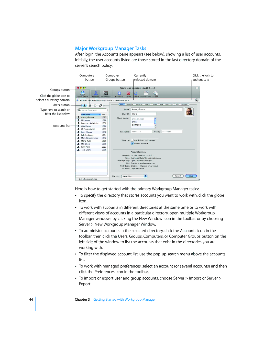 Apple 10.5 Leapard manual Major Workgroup Manager Tasks 