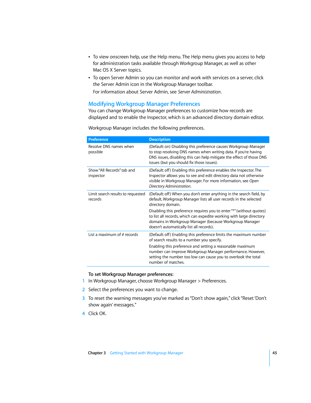 Apple 10.5 Leapard Modifying Workgroup Manager Preferences, To set Workgroup Manager preferences, Preference Description 