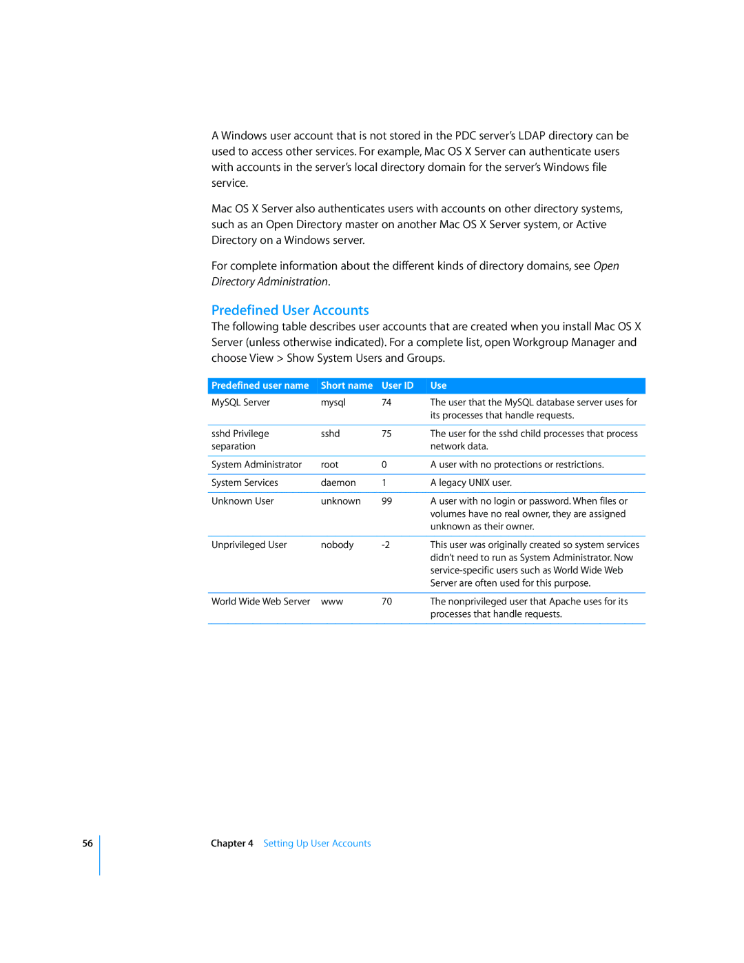 Apple 10.5 Leapard manual Predefined User Accounts, User ID 