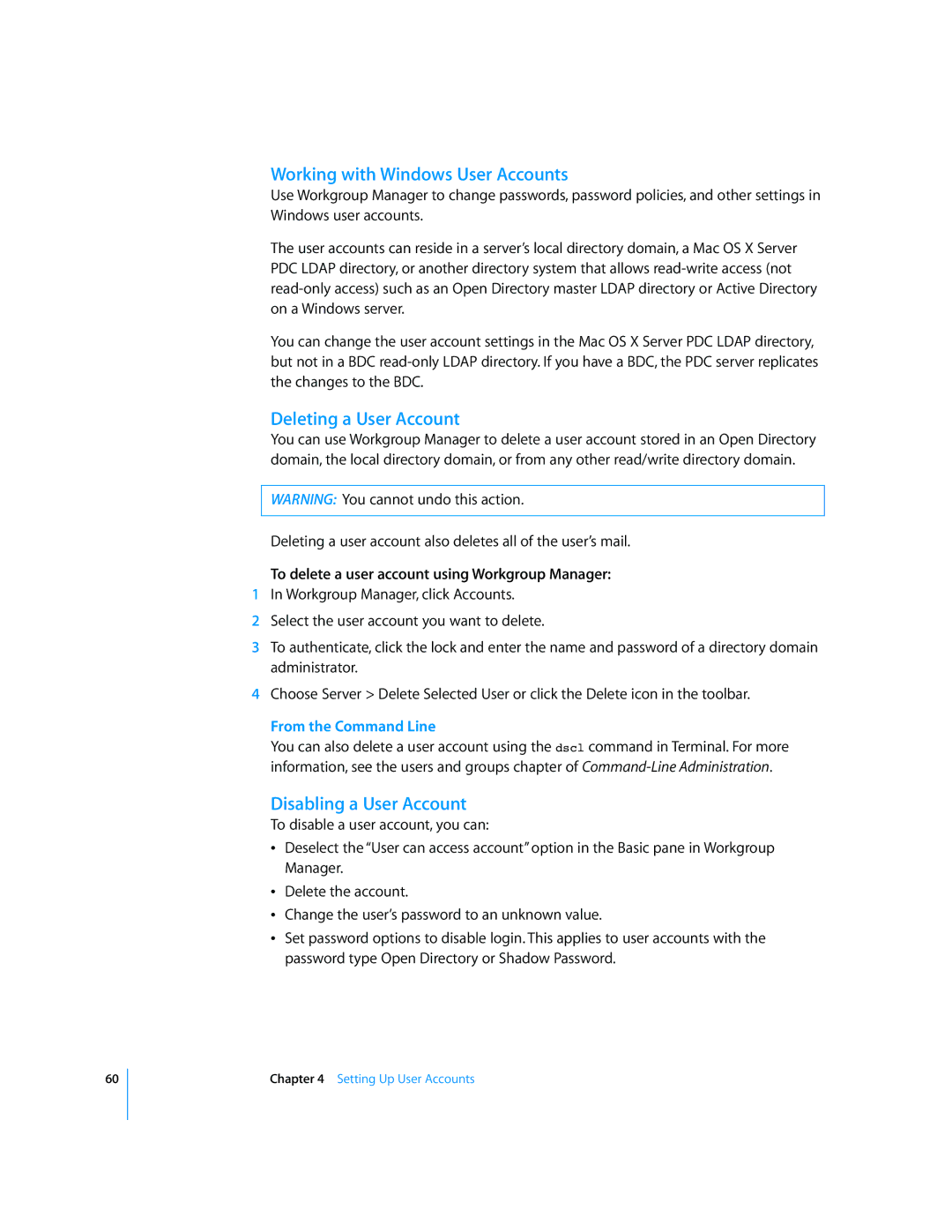 Apple 10.5 Leapard manual Working with Windows User Accounts, Deleting a User Account, Disabling a User Account 