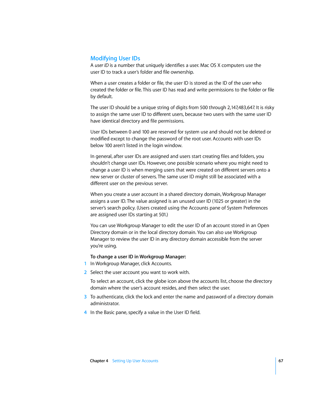 Apple 10.5 Leapard manual Modifying User IDs, To change a user ID in Workgroup Manager 