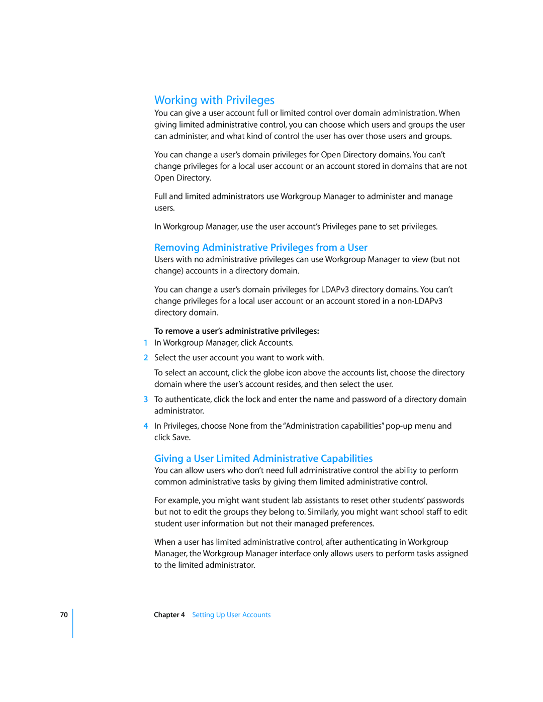 Apple 10.5 Leapard manual Working with Privileges, Removing Administrative Privileges from a User 