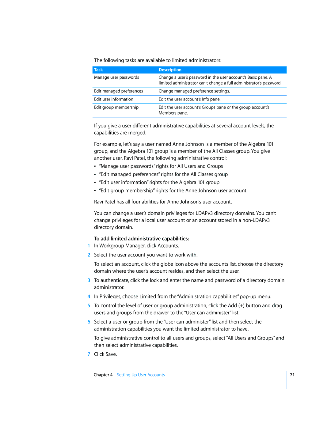 Apple 10.5 Leapard manual To add limited administrative capabilities, Task Description 