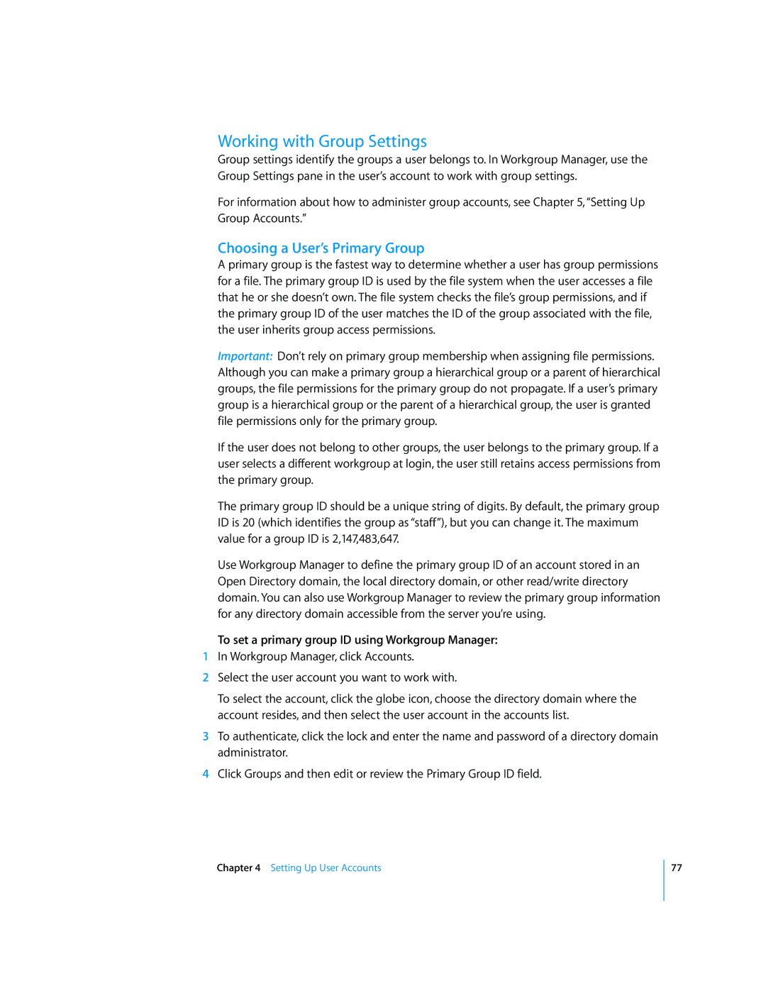 Apple 10.5 Leapard manual Working with Group Settings, Choosing a User’s Primary Group 