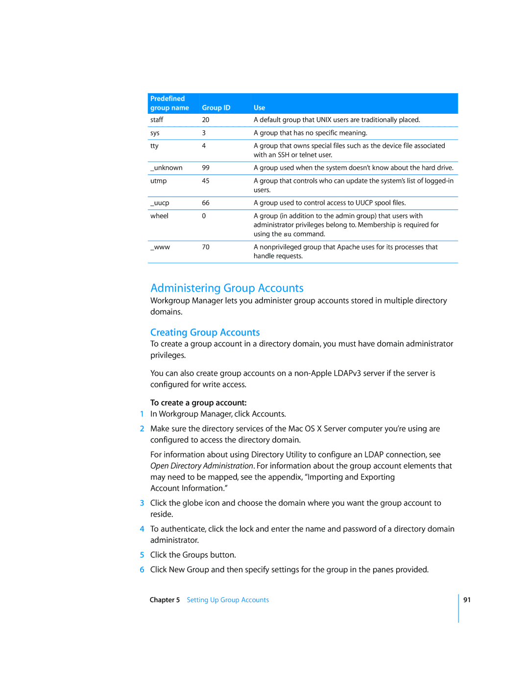 Apple 10.5 Leapard manual Administering Group Accounts, Creating Group Accounts, To create a group account 